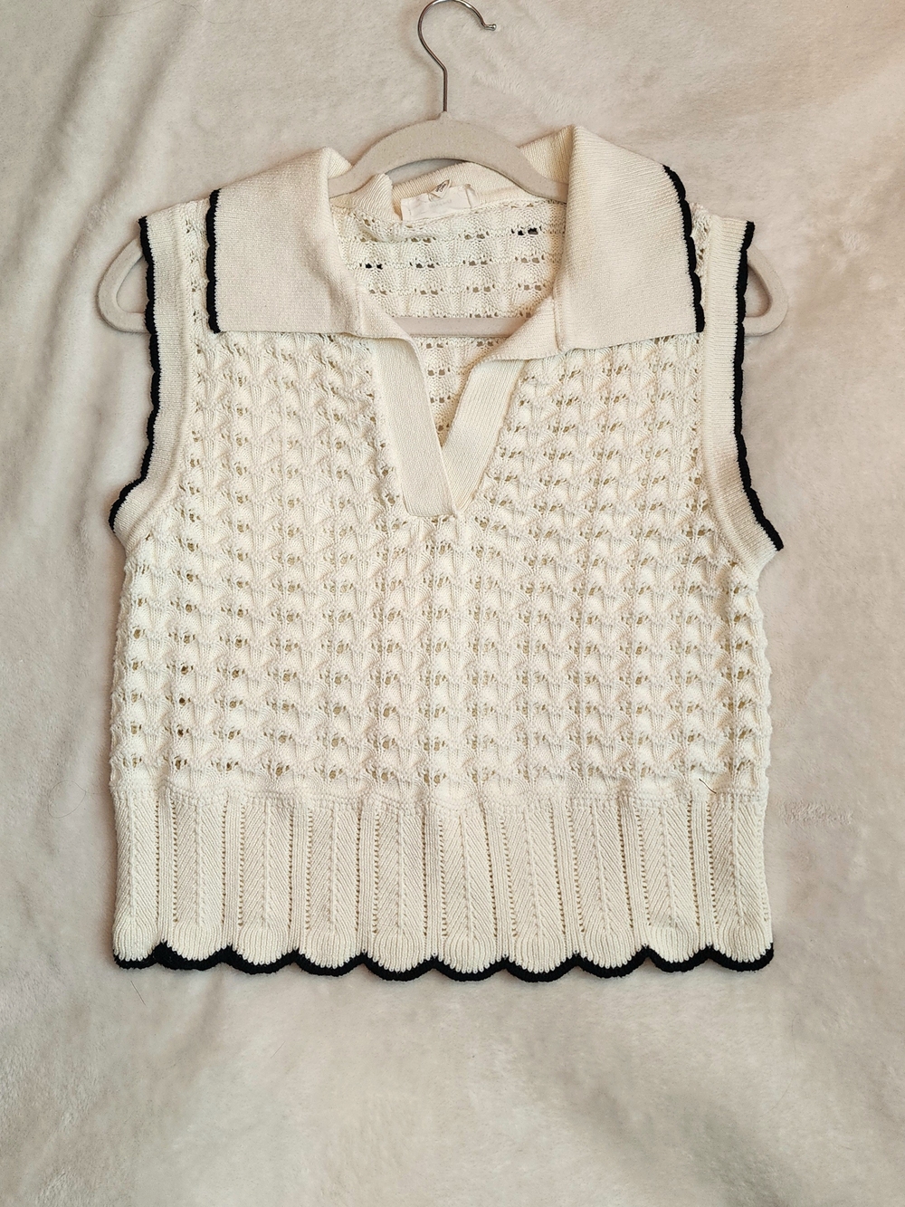 Cotton Cream Sleeveless V-Neck Polo Sweater with Black Trim